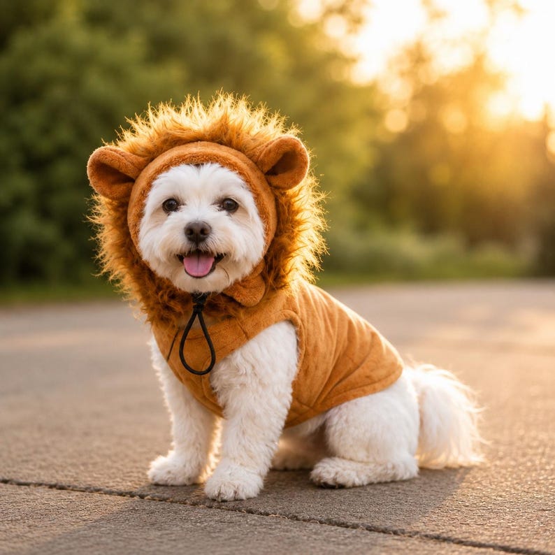 May include: A small white dog wearing a tan pet costume featuring a plush lion mane hood with rounded ears and a black drawstring closure. The costume covers the back and chest, leaving the white fur of the dog's legs and tail visible.