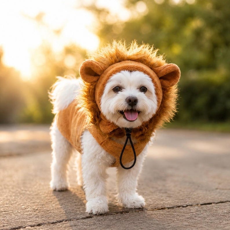 May include: A small white dog wearing a brown plush lion costume with a hood featuring a fuzzy mane and rounded ears. The costume includes a brown body piece and a black drawstring cord hanging from the neck area, covering the dog's torso.