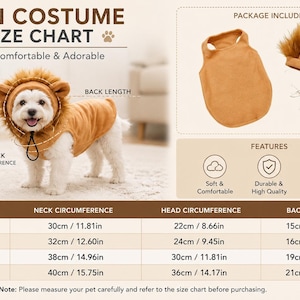 May include: A lion costume size chart for pets featuring a white dog wearing a tan fleece vest and a brown faux fur lion mane hood. The graphic includes a table with neck, head, and back measurements in centimeters and inches for sizes S to XL.