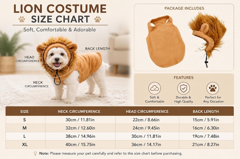 May include: A lion costume size chart for pets featuring a white dog wearing a tan fleece vest and a brown faux fur lion mane hood. The graphic includes a table with neck, head, and back measurements in centimeters and inches for sizes S to XL.