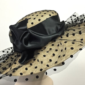 Kentucky Derby Black Hat Wide Brim with dotted Tulle  High Tea Women Hat