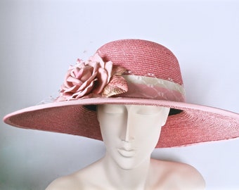 Kentucky Derby Pink Hat Wide Brim, Church Wedding Hat, Derby Hats for Women, Summer Straw