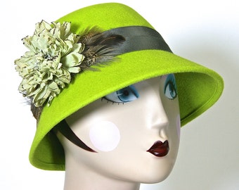 Fur Felt Women's Winter Hat Lime Green Felt Cloche Handmade Vintage Flower ONE of A KIND Hat