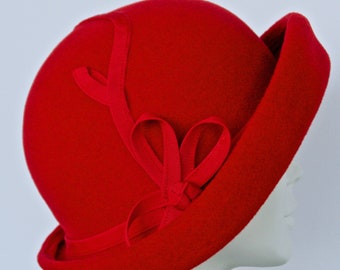 Red Fur Felt Cloche Hat, Upturned Small Brim Women's Hat, Vintage Inspired Hat