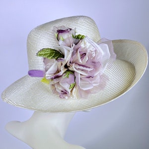 White Kentucky Derby Hat: Wide Brim Sinamay, Lilac Roses