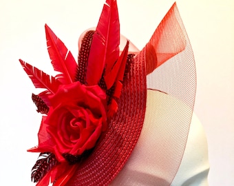 Red Feather Fascinator with Crinolen