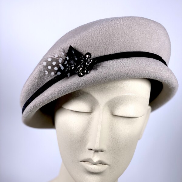 Grey Fur Felt Beret Pillbox 40s 50s Inspired Vintage Style Womens Hat Gray Winter Hat