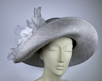 Kentucky Derby Hat Wide Brim Silver Gray Sinamay Hat Derby Hats for Women, Church Wedding Hats