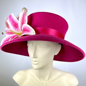 Kentucky Derby Hat Wide Brim Fuchsia Pink Felt Hats for Women, Horse Race Hats, Tea Party Hat, Wedding Hat