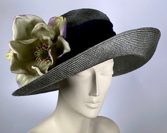 Kentucky Derby Hat Wide Brim Hat, Gray Purple Derby Hats for Women, Church Wedding Hat