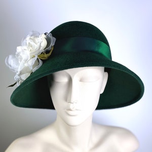 Emerald Green Fur Felt Wide Brim Hat, Church Wedding Hat