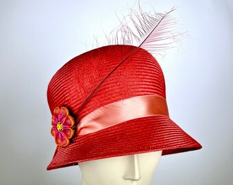 Kentucky Derby Hat, Red Straw Cloche Hat for Derby, High Tea Party Luncheons