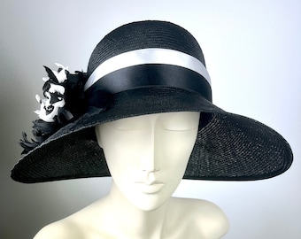 Kentucky Derby Hat Black Parasisal Summer Medium Brim Cloche, Church Wedding Hat