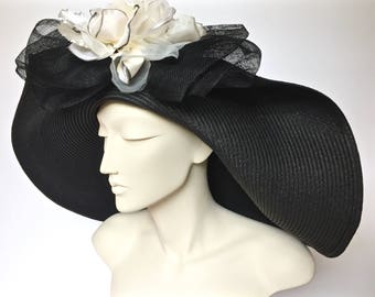 Kentucky Derby Black Straw Hat Large Brim Straw Hat for Derby Black Straw Church Hat
