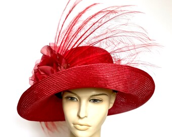 Red Derby Hat: Wide Brim Ostrich Feather Ascot Hat - Etsy display picture 1