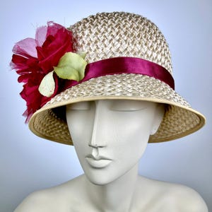Kentucky Derby Cloche Hat Women&#39;s Natural Sisal Straw Summer Vintage Flower