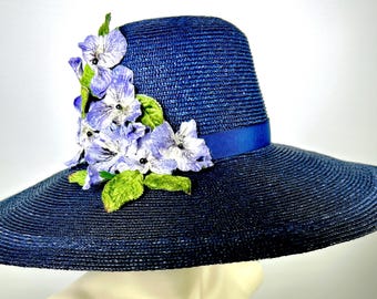 Navy Blue Bright Parasisal Wide Brim Women's Hat Handmade Vintage Flowers