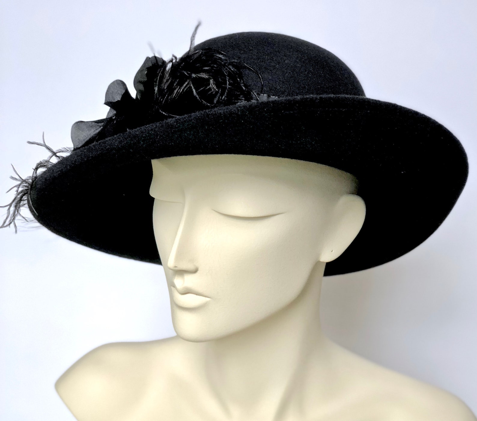 Black Felt Women's Hat Black Wide Brim Hat for Church Etsy