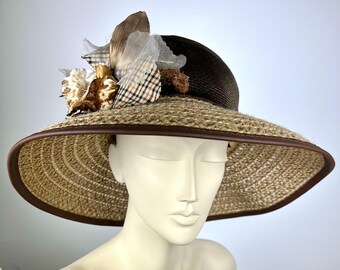 Wide Brim Champagne Derby Hat, Feather Flower Ascot Races - Etsy
