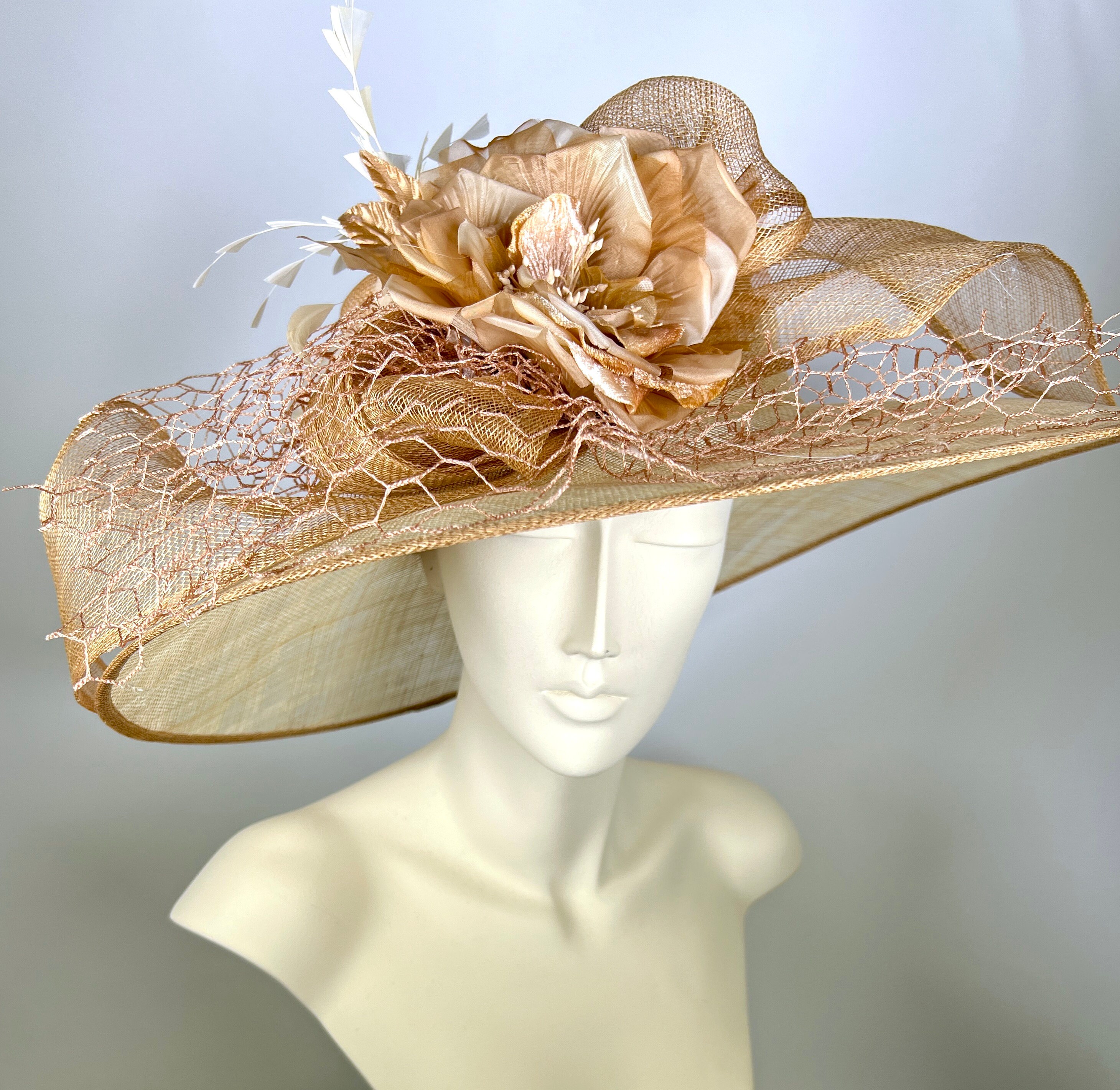 NEW! GORGEOUS Multi-Tonal Khaki-Coffee-Cream Kentucky Derby Hat Dark tan mocha wide brim hat. Kentucky Derby Hat. Carraige  main image 2