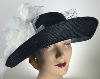 Kentucky Derby Black Hat Wide Brim Church Wedding Hat Derby Hats for Women