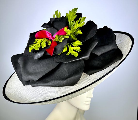Kentucky Derby Hat Black Roses White Sinamay Straw Wide  display picture 1