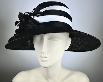 Black Parasisal Straw Derby Hat Wide Brim Handmade Flower