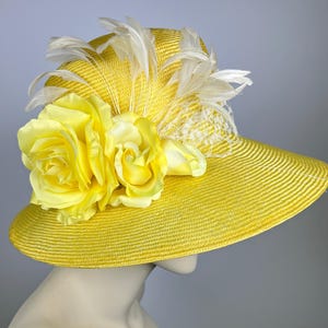 Kentucky Derby Yellow Hat Veiling Feathers Wide Brim Women Church Wedding Hat