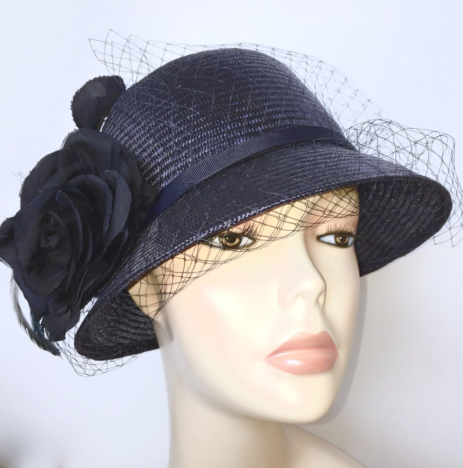 Navy Blue Womens Hat Vintage Inspired Summer Straw Cloche Hat Etsy