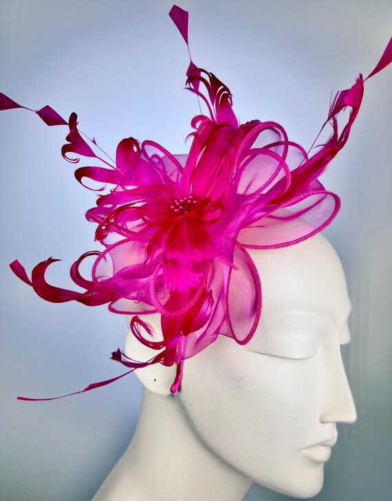 Gorgeous Fuchia Fascinator Feathers Wedding Church Tea Kentucky Derby Brunch Fuschia and Orange Fascinator Kentucky Derby Hat, Womens Tea  main image 3
