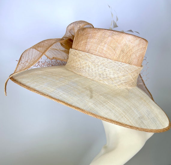 Wide Brim Kentucky Derby Hat Tan Khaki Feathered Wedding Hat  display picture 1