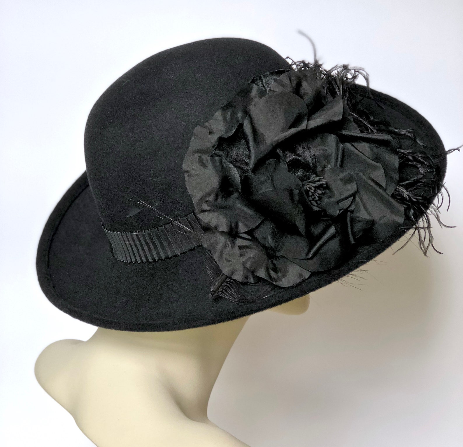 Black Felt Women's Hat Black Wide Brim Hat for Church Etsy