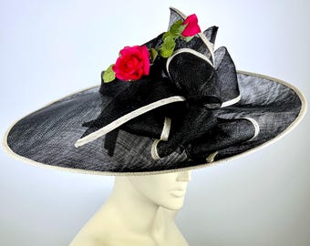 Large Brim Hat Black and White Stripe and Red Roses Kentucky  display picture 3