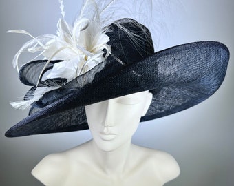 Kentucky Derby Navy Blue Hat Wide Brim Women Church Wedding Hat