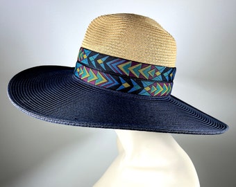 Kentucky Derby Hat Wide Brim Cowboy Hat Navy and Tan Beach Wedding Derby Sewn Braid Party Hat