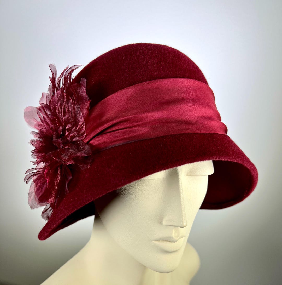 New Something Special Red Floral Felted Wool Leather Trimmed Cloche Hat YOLAI Women main image 4