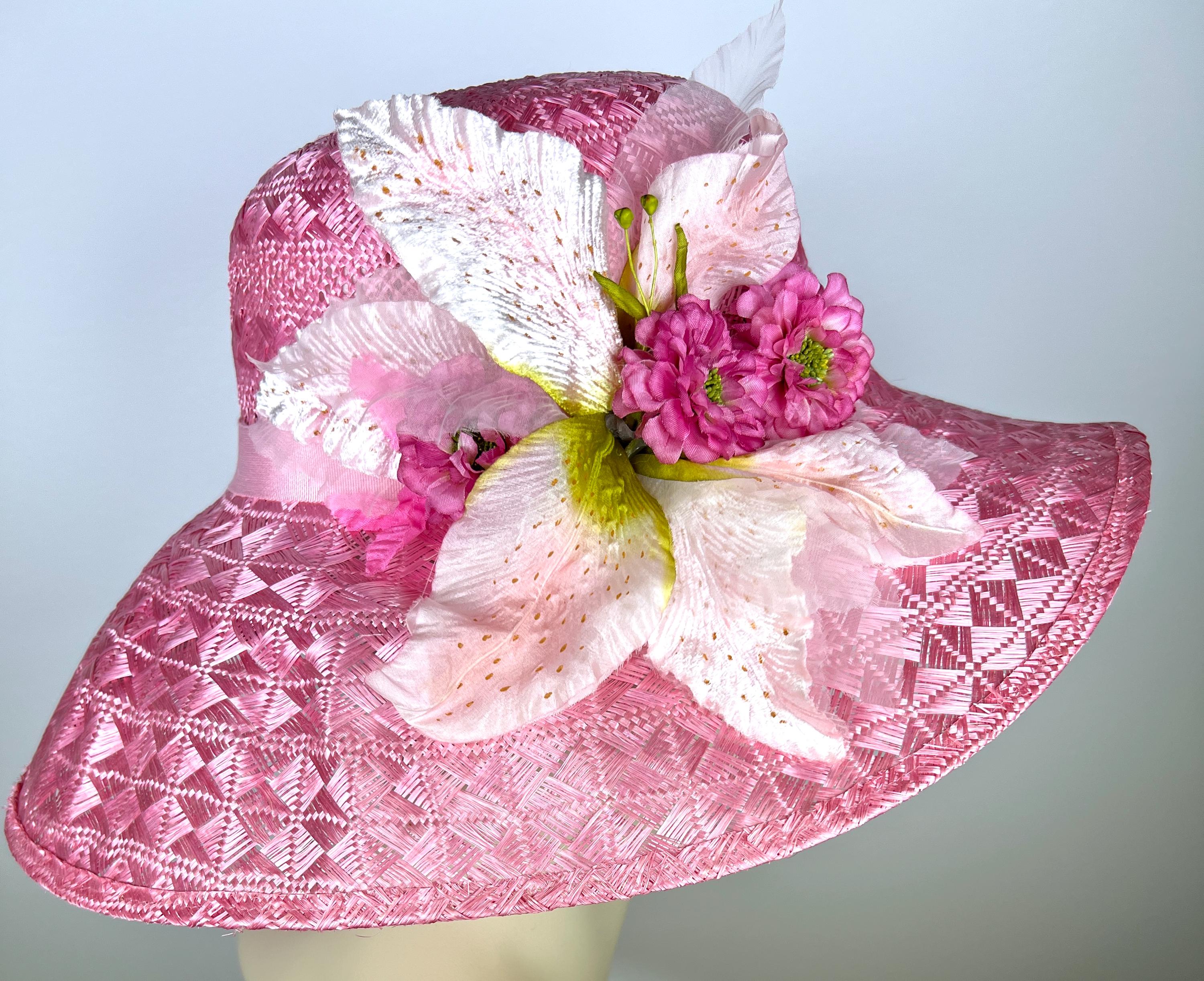 Women\'s Fuchsia Wide-Brim Dress Hat with Crystal Ribbon Detail Lilliet Lace Ribbon Wide Brim Hat - Beige - Pritzy main image 3