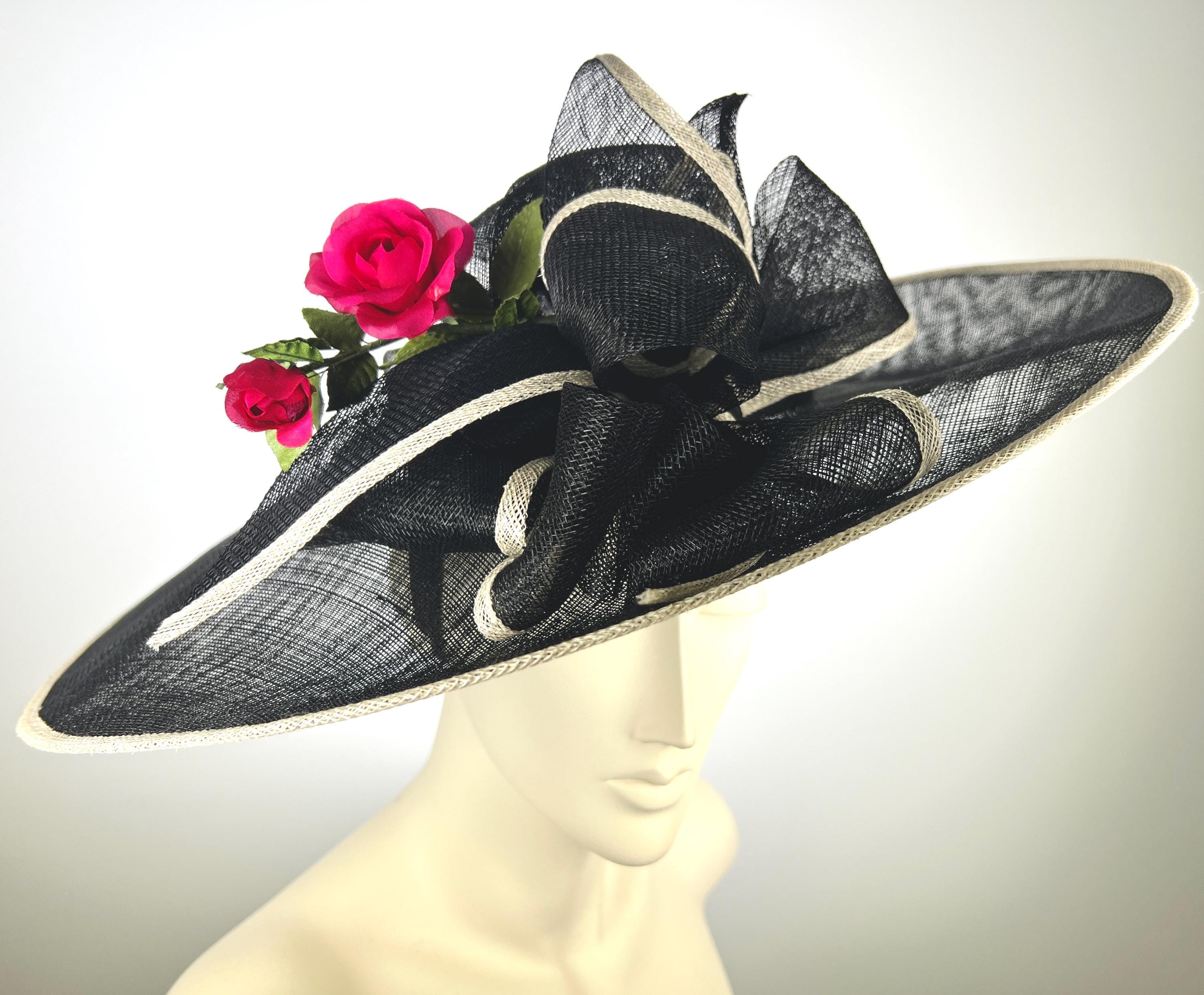 Vintage Red Derby Hat Wide Brim Straw Rose Kentucky Derby Wedding Formal OS Black White 8 Brim/XL Red Rose – Hat-a-Tude main image 3