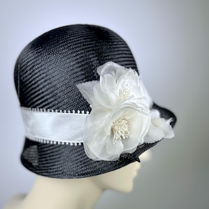 Black & White Kentucky Derby Cloche Hat: Handmade Parasol Straw, Organza Flower