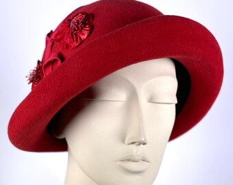 Antique Vintage Scarlet red Felt soft Cloche hat Buttons Decorated S/M England il_fullxfull.5300606119_21g3.jpg main image 4