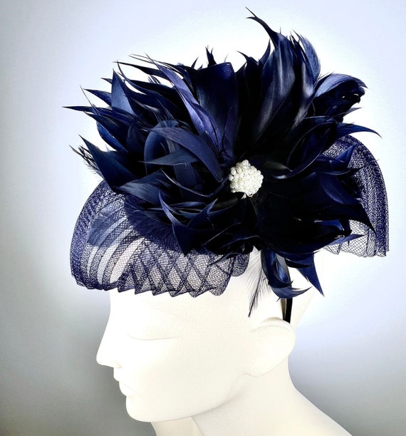 Fascinators Headband with Feather, Navy Blue Navy Blue Headband With Feathers - Navy Fascinator - Navy  main image 3