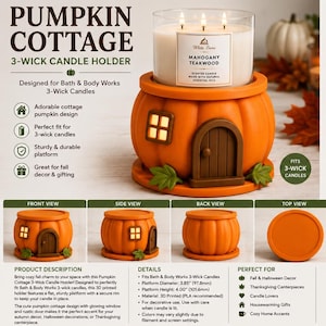 May include: An orange pumpkin-shaped candle holder with a brown door and a glowing window, designed for 3-wick candles. The base has a diameter of 3.85 inches and a height of 4.00 inches. The holder features a flat platform with a secure rim.