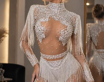 Rhinestone Fringe Bodysuit, Crystal Dance Costume for Stage and Nightclub Performances