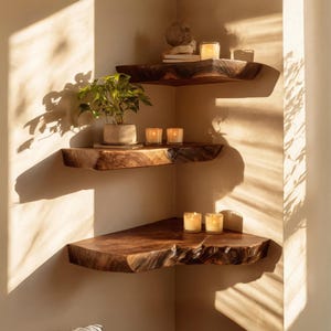 Könnte beinhalten: Drei dunkelbraune Holzeckregale mit natürlichen Baumkanten, die an einer Wand montiert sind. Das oberste Regal trägt eine kleine Steinskulptur und eine Glaskerze. Das mittlere Regal zeigt eine grüne Topfpflanze und zwei Glaskerzen. Das untere Regal trägt zwei Glaskerzen.