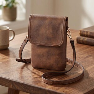May include: A brown crossbody bag with a textured finish and a fold-over flap closure. The bag features a long, adjustable shoulder strap attached with gold-toned metal hardware clips on both sides, providing a compact and structured design.