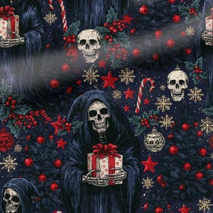 May include: A dark blue fabric pattern featuring repeating illustrations of skeletons in hooded robes holding gift boxes, interspersed with Christmas trees, red ornaments, candy canes, holly berries, and gold snowflakes.