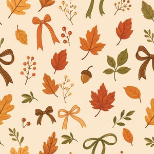 May include: A repeating pattern on a light cream background featuring various autumn elements including orange and brown maple leaves, oak leaves, small sprigs of berries, a single brown acorn, and decorative bows in orange, brown, and olive green.