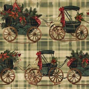 Peut inclure: Un motif de tissu représentant des calèches anciennes vert foncé ornées de rubans à carreaux rouges, de branches de pin, de poinsettias rouges et de baies de houx, sur un fond à carreaux vert olive et crème avec un motif répétitif.