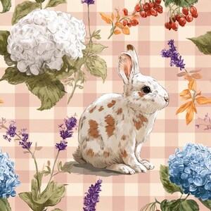 Tessuto stampato a quadretti con coniglietti e ortensie / Cotone 48x140 cm, motivo floreale con coniglietti, cucito e artigianato