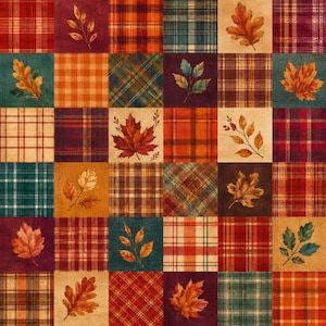 Peut inclure: Un motif de tissu en patchwork composé d'une grille de carrés alternés. Certains carrés présentent divers motifs à carreaux dans des tons rouge, orange, vert et marron, tandis que d'autres illustrent des feuilles d'automne dorées et rouges.